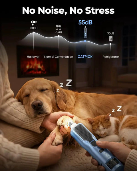 Premium 7 Speed Quiet Pet Nail Grinder For Dogs And Cats Featuring Low Vibes And A 360 Degree Led Ring For Super Easy Gnarly Claw Trimming At Home, shown in use on a sleeping golden retriever.