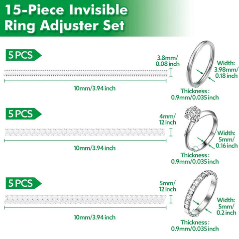 Ring Sizer Adjusters For Loose Rings 15 Pack Invisible Spacer Guards And Tighteners For women and men, clear TPU sizes