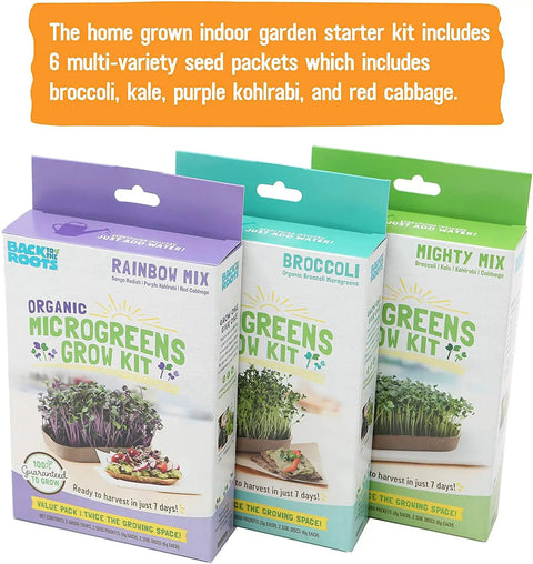 DIY Microgreen Grow Kit Six Grow Variety Pack for Organic Non GMO Pesticide Free Home Kitchen Garden Easy Setup displayed in boxes