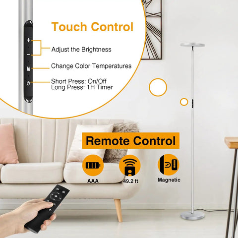 Tall Floor Lamp With 30W LED Torchiere Sky Light, Silver Grey, touch and remote control features, in living room setting