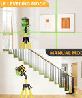 360 Degree Self Leveling Laser Level With Tripod For Construction, Green 4D Laser on tripod showing self leveling and manual mode indoors