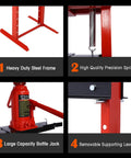 Top Notch Heavy Duty 12 Ton Hydraulic Shop Press With Solid H Frame Steel Build And Corrosion Proof Red Coating showing heavy duty steel frame, precision spring, bottle jack, and supporting levers.