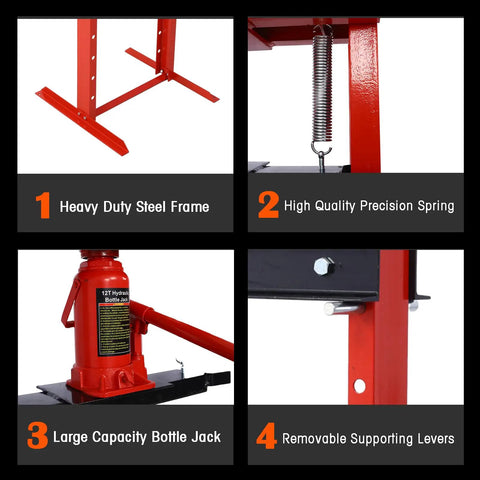 12 Ton Hydraulic Shop Press H Frame Build With Straight Up Heavy Duty Adjustments And Solid Steel Plates close-up of frame, spring, bottle jack, and supports