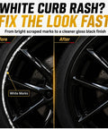 Heavy Duty Wheel Scratch Repair Kit For Curb Rash And Gloss Black Rim Touch Up Paint Fast Setup DIY Auto Finish Refinisher For Beat Up Alloy Wheels Crisp Street Ready Coating before and after images showing wheel restoration.