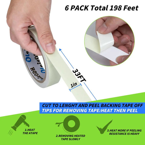 Six Pack Glow In The Dark Tape 198 Ft Total Green Luminous Neon Waterproof Tape shown being peeled, size and tips visible.