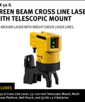 Top Shelf Green Beam Cross Line Laser Bundle Loaded With Full Setup Gear To Shoot Straight Green Lines Clear As Day Up To Hundred Feet On Any Job Site While Keeping Layouts Totally Dead On Point, showing laser with telescopic mount.