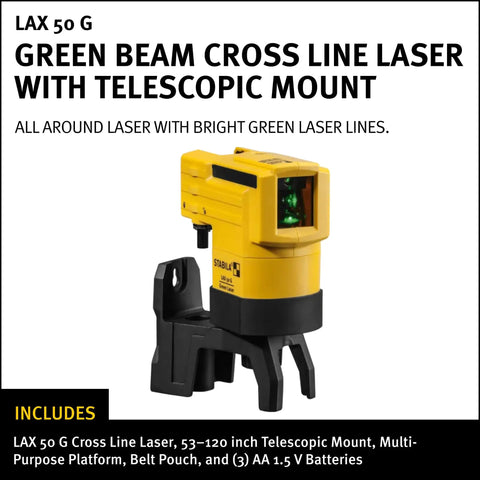 Top Shelf Green Beam Cross Line Laser Bundle Loaded With Full Setup Gear To Shoot Straight Green Lines Clear As Day Up To Hundred Feet On Any Job Site While Keeping Layouts Totally Dead On Point, showing laser with telescopic mount.