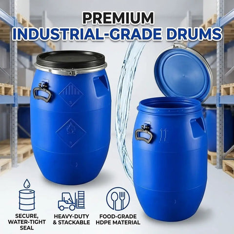 Rugged Blue Heavy Duty Plastic Water Storage Drum with Airtight Lid in warehouse, perfect for rain harvesting and camping.
