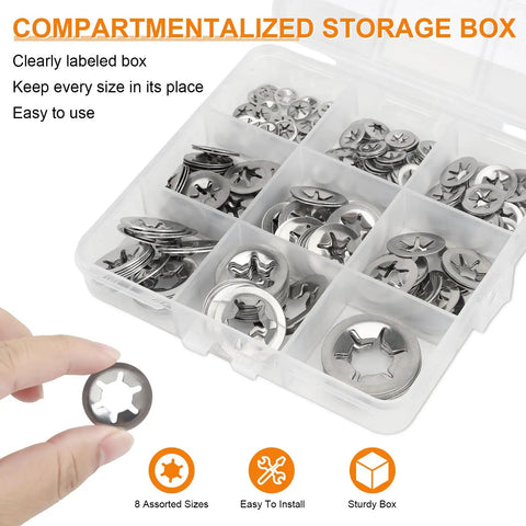 Internal Tooth Star Lock Washers Kit Pack With 258 Pieces In 8 Sizes M2.5 To M12 304 Stainless Steel in storage box
