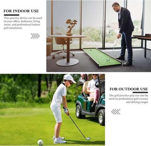 Man using Right Hand Golf Grip Trainer For Proper Grip Position indoors and boy with trainer on golf course.