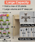 Five Tier Vertical Planter Tower With Wheels For Easy Mobility And Space Saving Indoor Outdoor Garden Pots For Strawberries Herbs Flowers And Vegetables Stackable Durable Design showing dimensions and capacity with small garden tools.