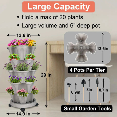 Five Tier Vertical Planter Tower With Wheels For Easy Mobility And Space Saving Indoor Outdoor Garden Pots For Strawberries Herbs Flowers And Vegetables Stackable Durable Design showing dimensions and capacity with small garden tools.