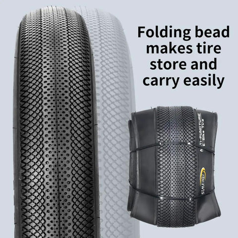 Beefy 2 Pack 26X4.0 Fat Bike Tires With Levers For E Bikes Foldable Anti Puncture Replacement Tires Built Tough For Long Lasting City Commuter Ebike Street Road Rides Black Wall, folded tire close-up