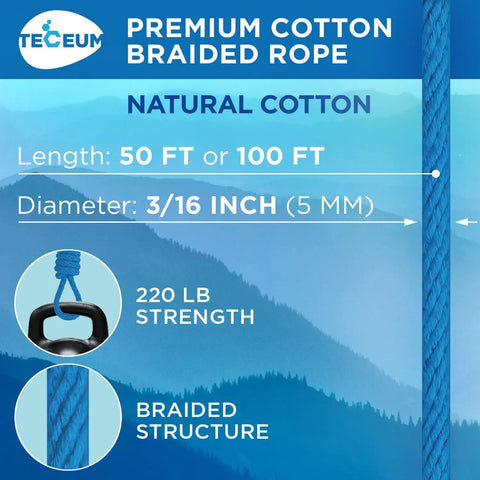 Cotton Rope 3/16 Inch 50 Ft All Purpose Braided Rope Sky Blue Quick-Drying Natural Cotton With Synthetic Core For Crafting