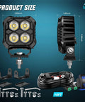 LED Pod Light Kit Two Pack 2.8 Inch 20W Square Offroad Lights With 4 LED Hyper Spot Beams, screws, and wiring harness shown