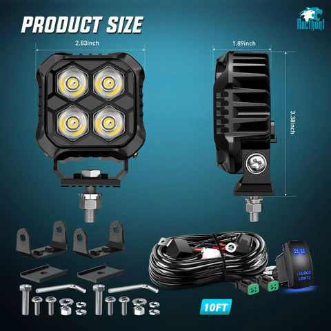 LED Pod Light Kit Two Pack 2.8 Inch 20W Square Offroad Lights With 4 LED Hyper Spot Beams, screws, and wiring harness shown