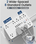 Surge Protector Power Strip With 10 Outlets And 6 USB Ports Including 2 USB-C, 6 Ft Heavy Duty Extension Cord, Wall Mount, 1850W 15A Overload Protection, ETL Listed For Home Or Dorm Room, white outlet spacing diagram