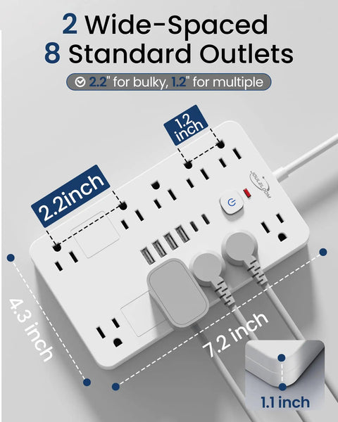 Surge Protector Power Strip With 10 Outlets And 6 USB Ports Including 2 USB-C, 6 Ft Heavy Duty Extension Cord, Wall Mount, 1850W 15A Overload Protection, ETL Listed For Home Or Dorm Room, white outlet spacing diagram