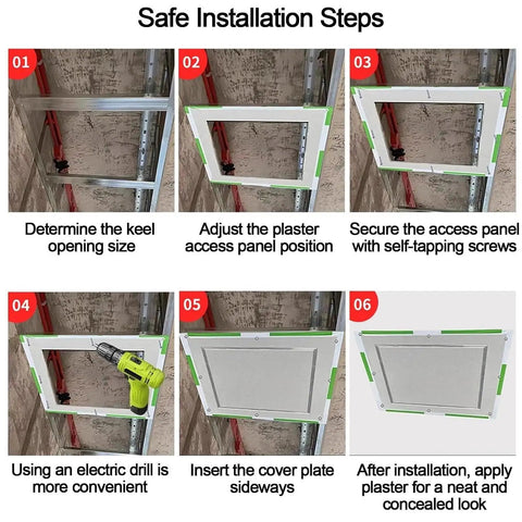 Installation guide for Slick Build Invisible Access Panel For Drywall Ceilings Featuring Rugged Aluminum Frame and Easy Peel Split Cover.