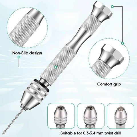 57 Piece Micro Drill Bits And Pin Vise Set showing non-slip design and comfort grip features