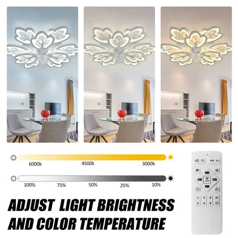 Petal Chandelier 31 Inch Ceiling Fan With Lights Remote Control 3 Color Dimmable Lighting in living room, remote shown