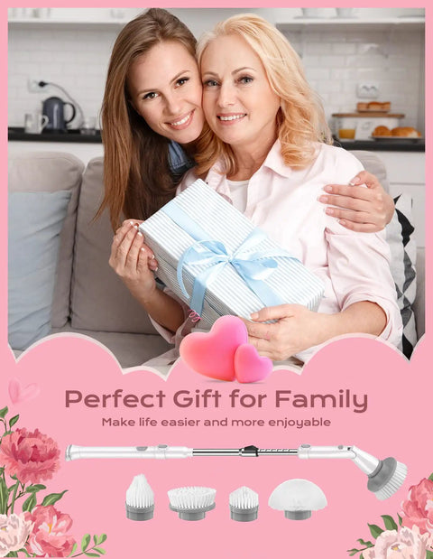 Cordless Electric Spin Scrubber With Dual Speed Settings, Extendable Arm, And Four Replaceable Heads shown as perfect family gift