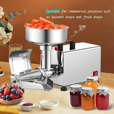 Heavy Duty Commercial Electric Tomato Strainer With Stainless Steel Food Press for jam and sauce making with tomatoes.