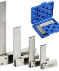 Four-piece silver hardened-steel machinist square set with wide bases and blue plastic storage case.