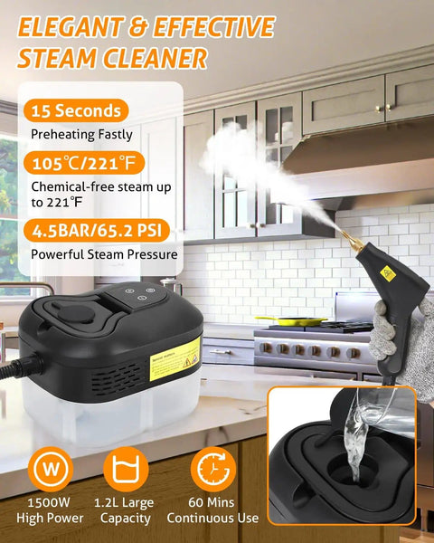 Beast 1500W Steam Cleaner Handheld Portable for home kitchen, emitting 105C steam at 4.5 bar, shown on kitchen countertop