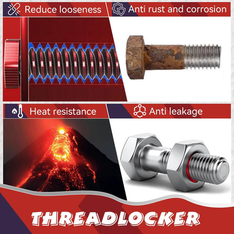 Threadlocker for nuts and bolts; blue/red two-strength formula, medium-high strength, 100 ml bottle; prevents loosening.