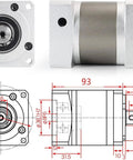 Planetary gearbox speed reducer, 50:1 ratio, 8mm shaft; silver metal, front and side views.