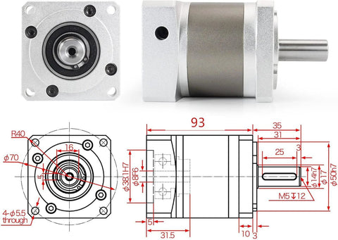 Planetary gearbox speed reducer, 50:1 ratio, 8mm shaft; silver metal, front and side views.