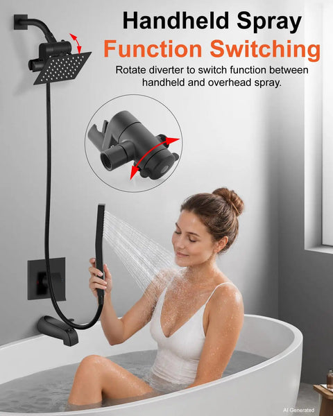 Top Drawer Matte Black Shower Tub Faucet Set With Handheld Six Inch Rain Showerhead And Slick Wall Mount Bathroom Plumbing Kit For Quick Home Makeovers