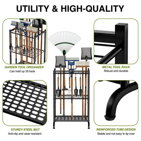 Garden Tool Organizer With 35 Slots And 6 Movable Hooks Heavy Duty Metal Tool Tower Rack displayed with tools and features
