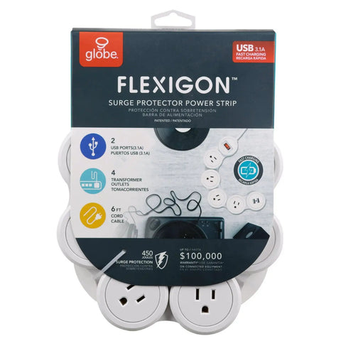 Flexible Surge Protector Power Strip with Four 3 Pin Grounded Outlets Two USB Ports Delivering 3 1A Total White Finish Six Foot Cord