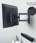 Back view of a TV mounted with Built Tough Full Motion TV Wall Mount With Effortless Swivel And Tilt Angles For Twenty Six To Fifty Five Inch Screens Handling Up To Eighty Pounds Seamless VESA Compatible Single Stud Install In Sleek Black.