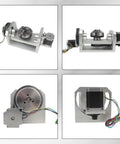 Rock Solid Cnc 5 Axis Rotary Table With 100mm Three Jaw Chuck And Hella Precise Indexing Head For Engraving And Milling, Nema23 Motor driven view from several angles showing aluminum build and motor connections.
