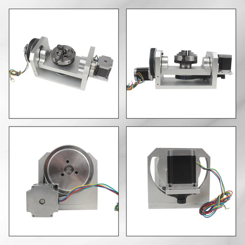 Rock Solid Cnc 5 Axis Rotary Table With 100mm Three Jaw Chuck And Hella Precise Indexing Head For Engraving And Milling, Nema23 Motor driven view from several angles showing aluminum build and motor connections.