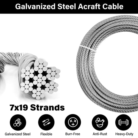 Heavy Duty 1 Quarter Inch Galvanized Steel Cable Kit With 50 Ft 7x19 Aircraft Wire Rope Loops Clamps And Thimbles For Zipline