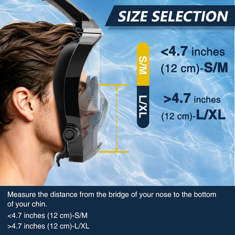 Side view of person wearing Full Face Snorkel Mask With 180 Degree Panoramic Lens, Top Dry Valve, size guide displayed