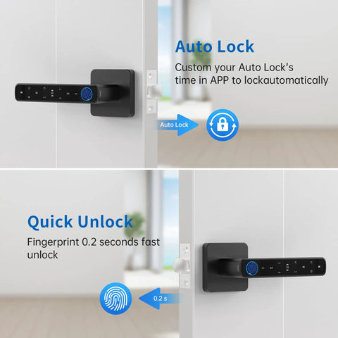 Smart Biometric Fingerprint Door Lock with App and Passcode, five unlocking methods, shown in installed view