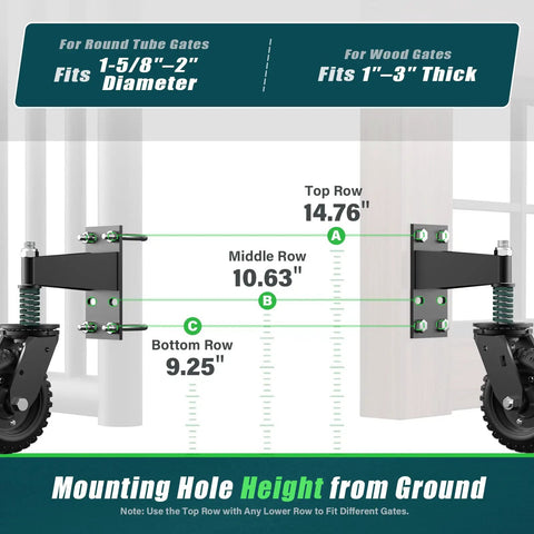 Heavy Duty Eight Inch Spring Loaded Gate Wheel Caster Built Tough For Wood And Metal Fences dimensions for gate fitting options.