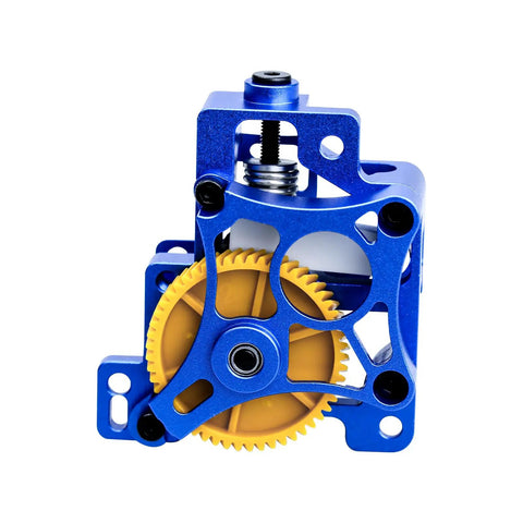 Yellow gear and blue aluminum frame of Built Tough Extruder Upgrade Kit for X1 and P1 Series 3D Printers with compatibility features.
