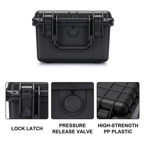 Portable Tool Box With Shockproof Foam Insert And IP67 Waterproof Hard Case For Tools Gear And Travel, front view with features.