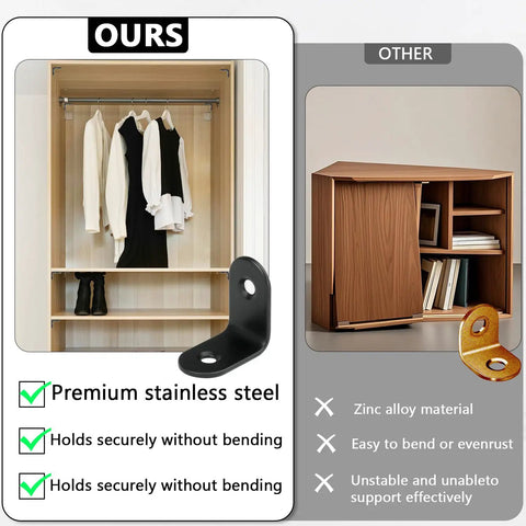 Tough As Nails 50 Pack Black Stainless Steel L Brackets And Corner Supports With Complete Screw Set Designed To Grip Tight For Woodworking Furniture Shelf Cabinet Drawer Repair in closet setup.