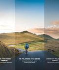Cyclist on mountain road with non-polarized, HD polarized-TAC, and ordinary polarized lens comparison