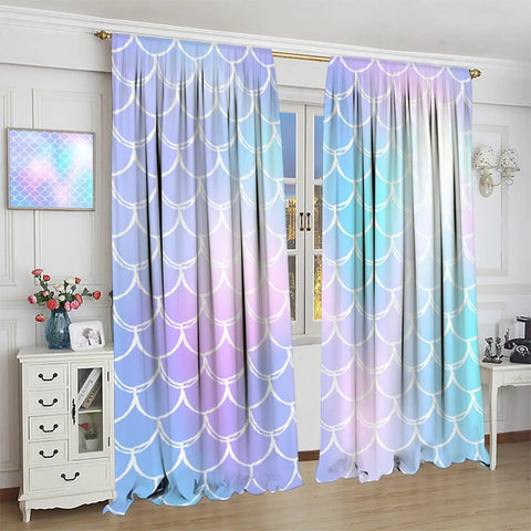 Mermaid Blackout Curtains For Girls Bedroom With Ocean Wave And Fish Scale Pattern, Blue And Pink, 2 Panels Each 21x63 Inches