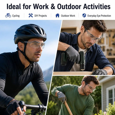 Slick Heavy Duty Photochromic Polarized Safety Glasses With Impact Resistant Lenses For Outdoor Work Featuring Smooth Transition Shades and Dead Serious Anti Glare Protection In Classic Grey worn by men during cycling and DIY projects.