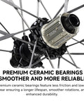 Close-up of the Unaas Pro2 700C Carbon Fiber Wheelset showing ceramic bearings, Shimano 11/12S compatibility, and 24 spokes.
