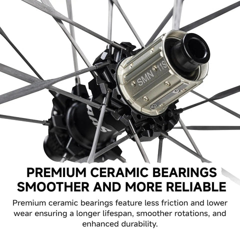 Close-up of the Unaas Pro2 700C Carbon Fiber Wheelset showing ceramic bearings, Shimano 11/12S compatibility, and 24 spokes.